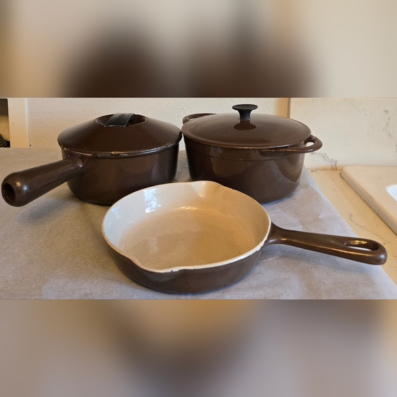 Vintage MidCentury Cousances France Brown Enamel Cast Iron Cookware Set